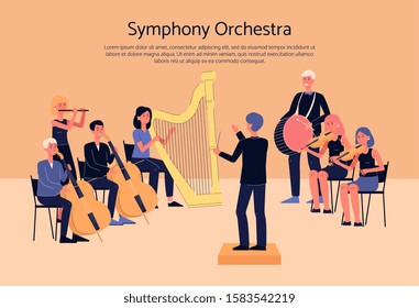 Symphony orchestra musicians playing classical instrumental music on concert stage - cartoon people with musical instruments. Flat banner with text template - vector illustration