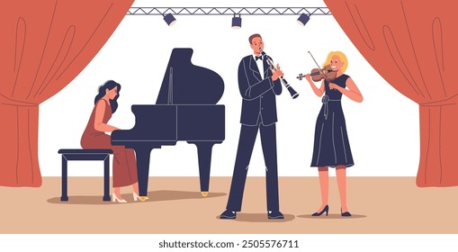 Symphony Orchestra Performing On Stage With Violinist, Clarinet Player, And Pianist In A Cartoon Vector Illustration