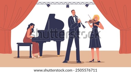 Symphony Orchestra Performing On Stage With Violinist, Clarinet Player, And Pianist In A Cartoon Vector Illustration