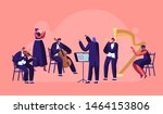 Symphony Orchestra Playing Classical Music Concert, Conductor and Musicians with Instruments Performing on Stage with Violin, Flute, Cello, Trumpet, Harp Performance. Cartoon Flat Vector Illustration