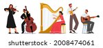 Symphony Orchestra Playing Classical Music Concert, Musicians with String Instruments Performing on Stage with Harp, Violin, Contrabass, Guitar and Balalaika on Scene. Cartoon Vector Illustration