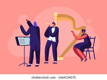 Symphony Orchestra Playing Classical Music Concert, Conductor and Musicians with Instruments Performing on Stage with Trumpet and Harp, Perform on Philharmonic Scene. Cartoon Flat Vector Illustration