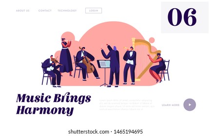 Symphony Orchestra Playing Classical Music Concert Website Landing Page, Conductor And Musicians With Instruments Performing On Stage, Performance Web Page. Cartoon Flat Vector Illustration, Banner