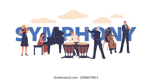 Symphony Orchestra Playing Different Instruments Concept. Musician Characters In Their Performance Dresses Playing Music