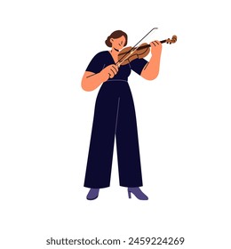 Symphony in performance of violinist. Musician in pants suit plays violin with bow. Talented artist performs music with viola, string instrument. Flat isolated vector illustration on white background