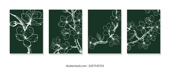 Symphony of sakura adorns the room with four dark green canvas prints capturing the delicate beauty of cherry blossoms. White floral patterns add elegance.