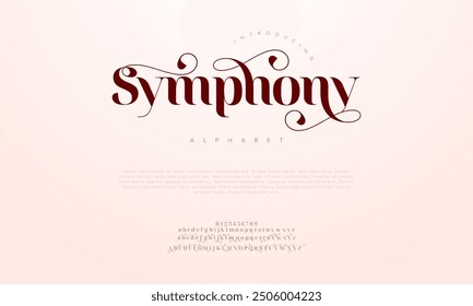 Symphony swash luxury elegant alphabet letters and numbers. Vintage wedding typography classic serif font decorative vintage retro. creative vector illustration