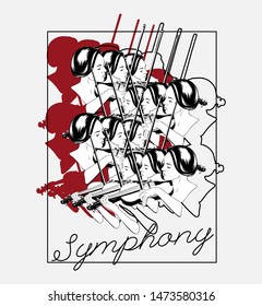 Symphony. Vector hand drawn illustration of woman playing on the violin isolated. Template for card, poster. banner, print for t-shirt, pin, badge, patch.