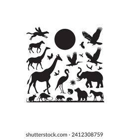 Symphony of the wild: A diverse collection of animals silhouette celebrating wildlife - wildlife Silhouette - animals vector
