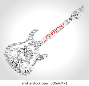 Symphony. Word cloud, guitar, gradient grey background. Music concept.