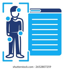 Ícone de verificador de sintomas representado por scanner humano,descrição resultado Dualtone style.