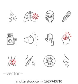 symptom cold virus icon set, infection flu, methods of protection and treatment influenza or pneumonia, thin line web symbols on white background - editable stroke vector illustration eps10