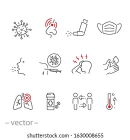 Symptom Cold Virus Icon Set, Infection Flu, Methods Of Protection And Treatment Influenza Or Pneumonia, Thin Line Web Symbols On White Background - Editable Stroke Vector Illustration