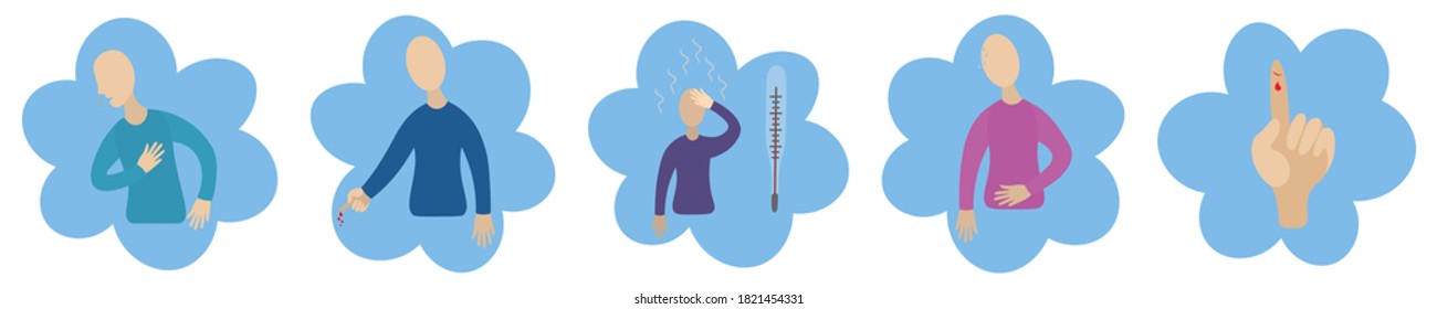Síntomas de la enfermedad. Conjunto de iconos vectoriales de color. Temas médicos. Fondo blanco aislado. Estilo plano. 