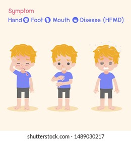 Symptom the Disease virus baby Children infected have a Blister Hand Foot Mouth Disease, HFMD in rain season, Medical Health care concept, sick, Blister, dizzy , Headache , vector character cartoon.