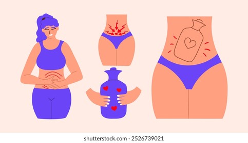 Síntoma de dolor premenstrual en la parte inferior del abdomen en una mujer joven. Dolor de calambres durante la menstruación. Aliviar los síntomas con una almohadilla térmica durante su período. Ilustración vectorial