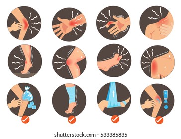 Symptom of Sprains and  First Aid.
Body Parts within the circle  isolated on white background. Vector illustration.