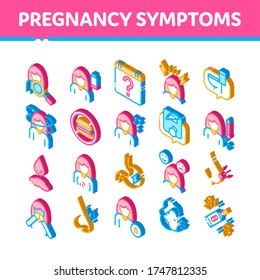 Symptomps Of Pregnancy Element Vector Icons Set. Fatigue And Nausea, Food Aversion And Frequent Urination, Constipation And Faintness Symptomps Of Pregnancy Isometric Illustrations