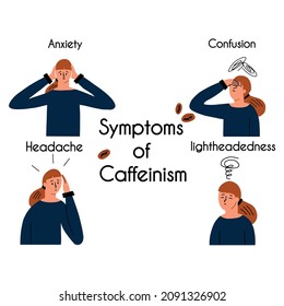 Symptome einer Kaffeeüberdosierung. Das Mädchen ist koffeinabhängig. Medizinische Infografiken. Vektorgrafik in Flachstil