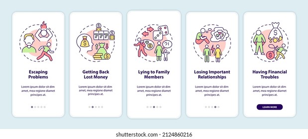 Symptoms of compulsive gambling onboarding mobile app screen. Addiction walkthrough 5 steps graphic instructions pages with linear concepts. UI, UX, GUI template. Myriad Pro-Bold, Regular fonts used