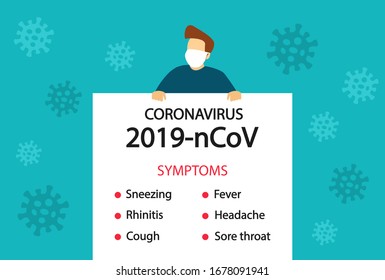 Symptoms coronavirus. Coronavirus 2019-nCoV. Dangerous virus, pandemic. Banner