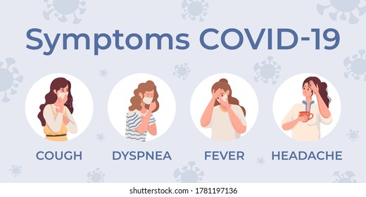 Symptoms of Coronavirus Covid-19 flat illustration with Coronavirus cells background. Young women have a cough, dyspnea, fever, and headache. Flu sickness by Coronavirus vector concept.