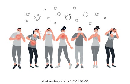 Symptoms of coronavirus in a group of people. Ill person. The situation in the context of a global pandemic. Vector illustration