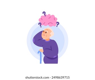 symptoms of dementia, Alzheimer's, amnesia, senile. illustration of a confused grandfather because he forgot. grandfather who forgets easily. memory disorders. flat style character design