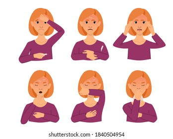 Symptoms of the disease, covid-19. Coronavirus warning. Woman with dangerous disease symptoms. Cough, fever, runny nose. Set of isolated vector illustrations in cartoon style
