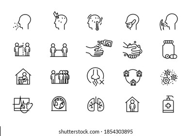 Symptoms of the disease and preventive measures against coronavirus. Set of vector icons for medical posters and infographics. Editable Stroke