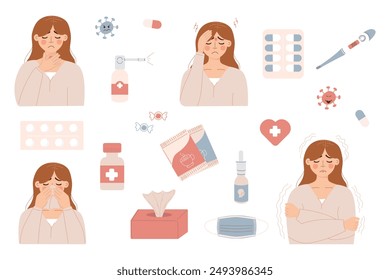 Symptoms of flu disease.Young girl with a set of medicines and treatments.People with cold or flu. Flat vector illustration