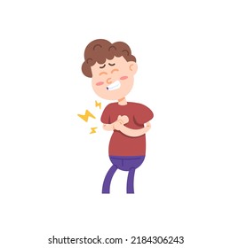 symptoms of heart attack, angina, gastroesophageal reflux, muscle injury, Costochondritis. heart and respiratory disease. a boy or boy holds his chest because of pain. health problems. cartoon