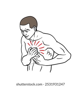 Symptoms of heart attack disease. person experiencing sternal pain. Medical illustration.