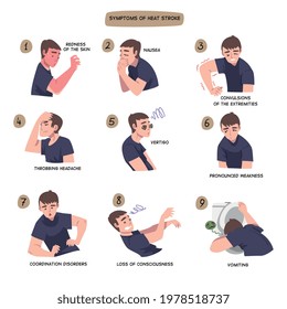 Symptoms of Heart Stroke Set, Man Suffering from Redness of the Skin, Nausea, Convulsions of the Extremities, Throbbing Headache, Vertigo Cartoon Vector Illustration