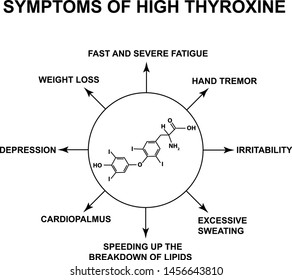 Symptoms of high thyroxine. Thyroxine thyroid hormone. Infographics. Vector illustration on isolated background.