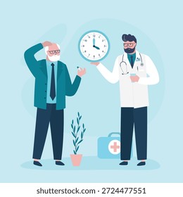 Síntomas de alivio inmediato. Los ancianos toman pastillas. Diagnóstico y tratamiento. Medicina y salud. El médico controla la ingesta de medicamentos. Recordatorio de medicamentos, establecer el horario de medicación de la enfermedad. Vector