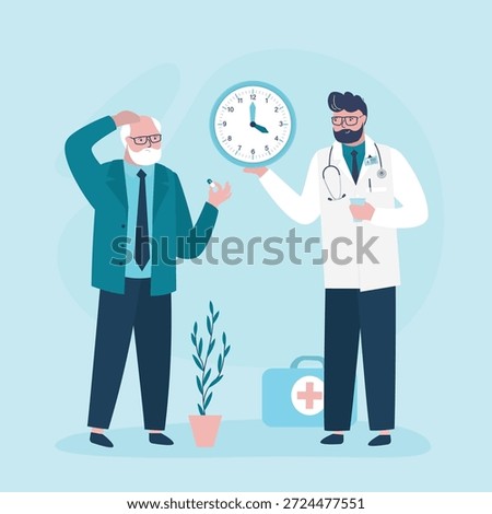 Symptoms of immediate relief. Elderly man take pills. Diagnosis and treatment. Medicine and healthcare. Doctor controls intake of medications. Drug reminder, set disease medication schedule. vector