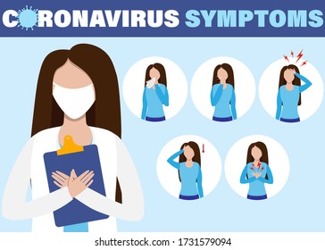 Infografía de síntomas covid-19. Enfermedad de Coronavirus ncov, protección médica y consejos para la infección por síntomas.