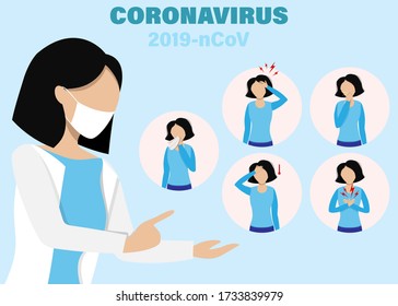 Infografía de síntomas covid-19. Enfermedad de Coronavirus ncov, protección médica y consejos para la infección por síntomas.