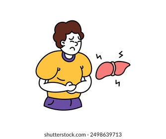 symptoms of liver disease, hepatitis, cirrhosis. illustration of a man feeling pain in the stomach. stomach ache. liver damage and problems. organ health disorders. outline style character design