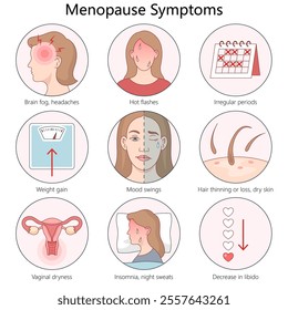 symptoms of menopause, including hot flashes, mood swings, insomnia, hair loss, and hormonal changes diagram hand drawn schematic vector illustration. Medical science educational illustration