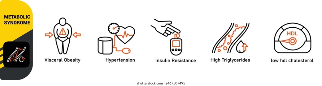 Síntomas del síndrome metabólico Concepto de Ilustración vectorial del ícono del Web del Anuncio con un ícono de la hipertensión, resistencia a la insulina, triglicéridos altos, colesterol HDL bajo, obesidad visceral