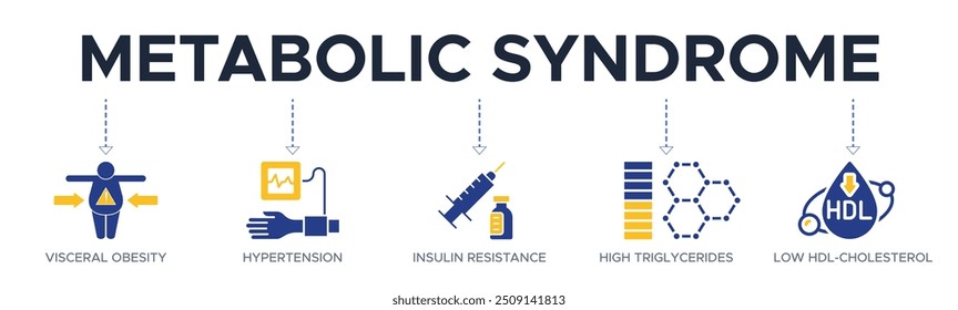 Síntomas del síndrome metabólico Anuncio Web icono concepto de Ilustración vectorial con un ícono de hipertensión, resistencia a la insulina, triglicéridos altos, colesterol HDL bajo, obesidad visceral