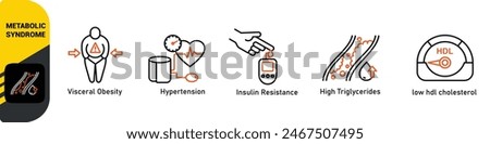 Symptoms of Metabolic Syndrome banner web icon vector illustration concept with an icon of Hypertension, Insulin Resistance, High Triglycerides, Low HDL-Cholesterol, Visceral Obesity