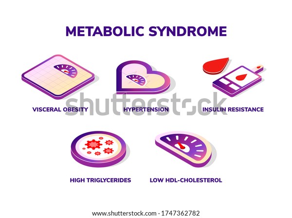 Symptoms of Metabolic Syndrome vector\
isometric icon concept. Hypertension, Insulin Resistance, High\
Triglycerides, Low HDL-Cholesterol, Visceral\
Obesity