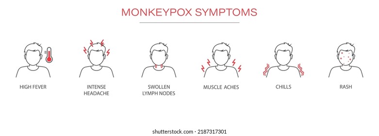 Symptoms of the monkey pox virus. Monkey pox is spreading. This causes skin infections. Infographic of symptoms of the monkey pox virus. Horizontal banner.