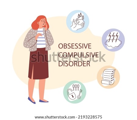 Symptoms of obsessive compulsive disorder or OCD syndrome, flat vector illustration isolated on white background. Infographic for mental health and psychological support.