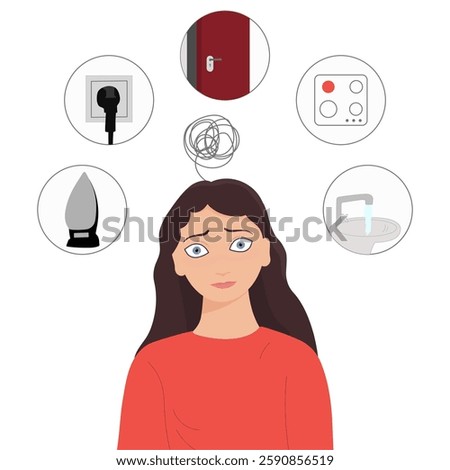 Symptoms of obsessive compulsive disorder or OCD syndrome, flat vector illustration isolated on white background. Infographic for mental health and psychological support.