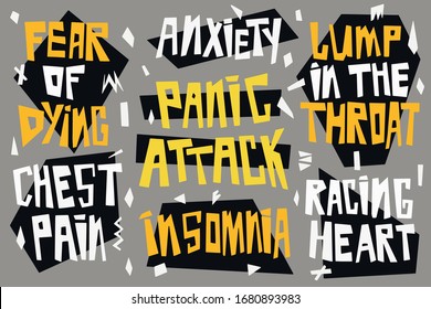 Symptoms of a panic attack and depressive disorders. Hand drawn vector lettering anxiety, insomnia, chest pain, racing heart, fear of dyng, lump in the throat. For medical info banners and posters.