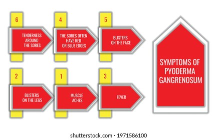 symptoms of Pyoderma gangrenosum. Vector illustration for medical journal or brochure.
